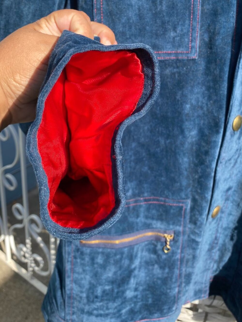 1970s Sears The Men's Store Sportswear Blue Suede Velour Safari Chore Jacket 46 - Picture 9 of 13
